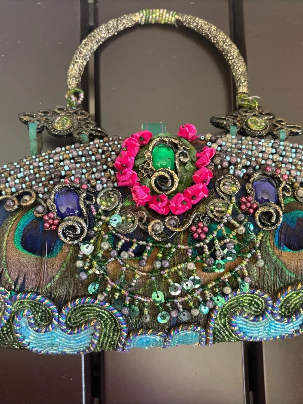 Handcrafted Mary Frances Peacock Embellished Evening Bag Blue/Green/Multicolor